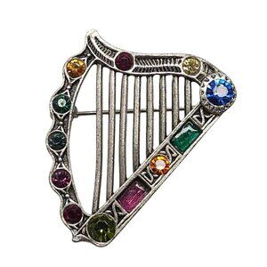 Vintage Style Harp Brooch With Multicolor Rhinestones Silver-Tone Metal Design